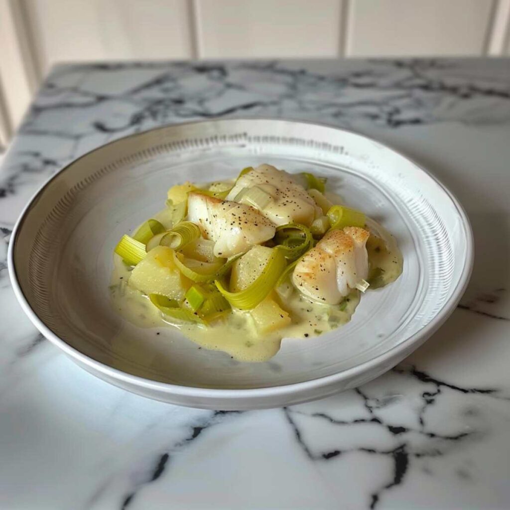 Bite sized Cod dish with leeks and diced potato creamed in milk. The cod is small pieces and the leeks are sliced, potato are diced. The plate is placed on the marble counter of a kitchen counter top. 