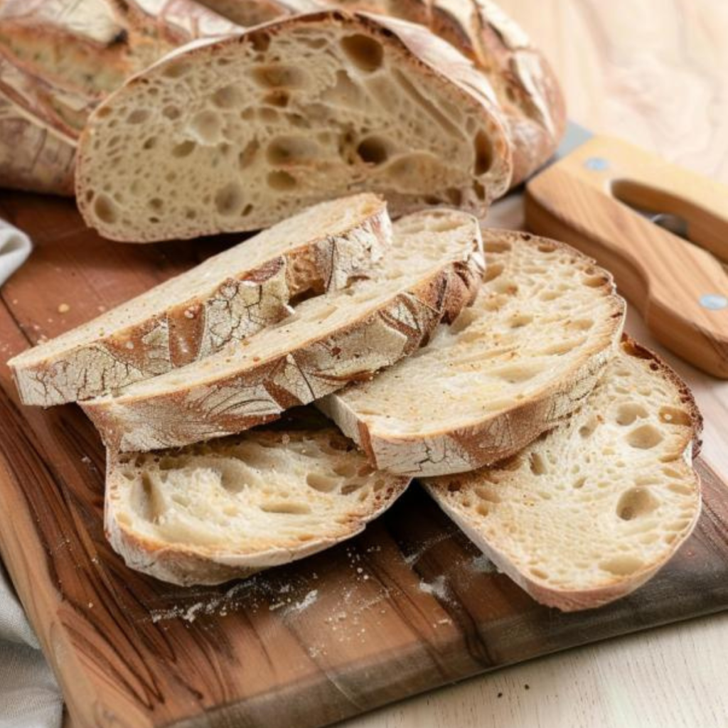 Slices of bread placed on a cutting board. The bread is a potato bread, it is very airy and soft looking.