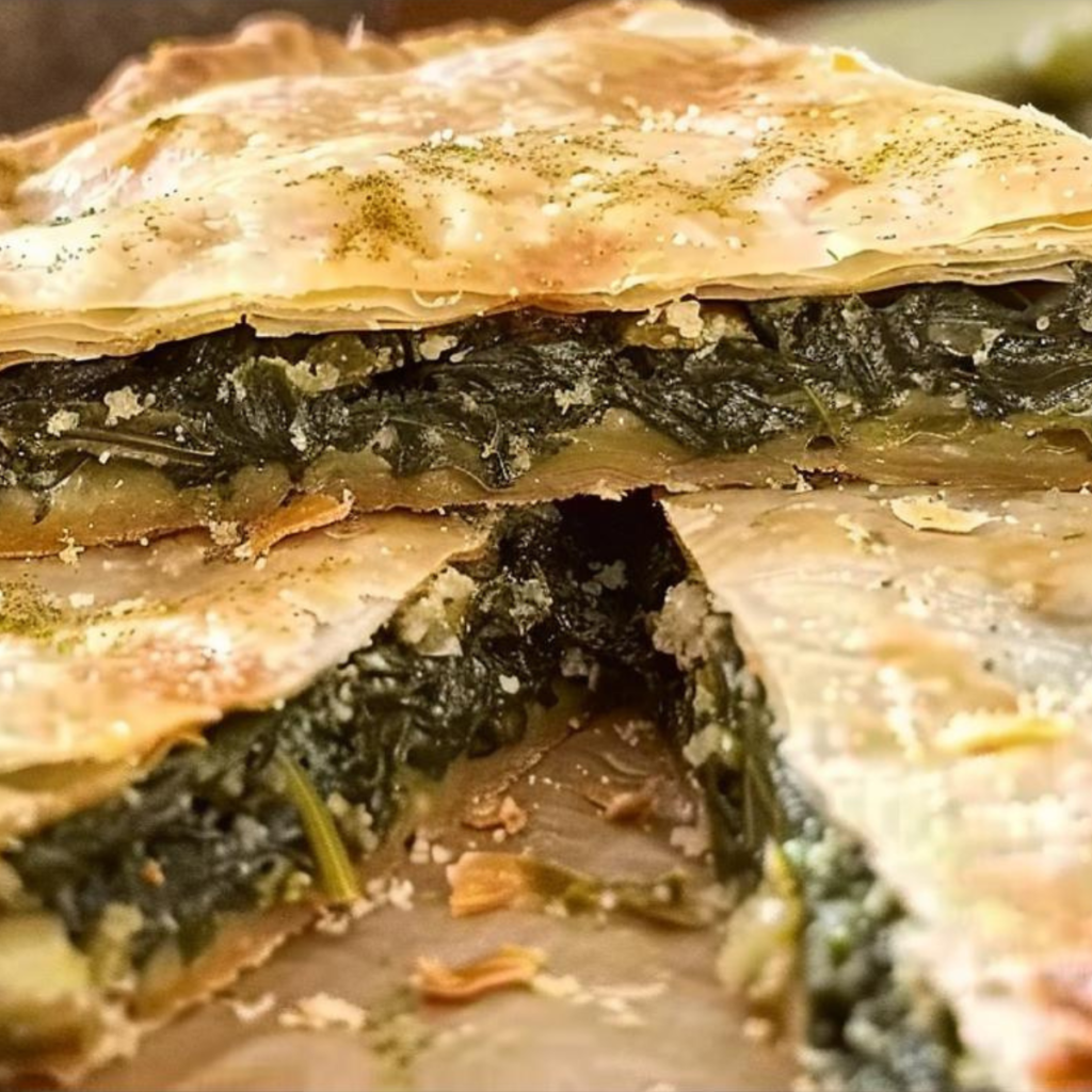 In the image, we see a slice of 'torta d'erbi', cut into pieces. The outer crust is golden and appears crispy, while the filling is a thick layer of rich, deep green, indicating a generous use of chopped herbs and leafy greens. The pie looks inviting and rustic, with a filling that's dense and holds its shape well after cutting. There are crumbs on the top surface, suggesting a delightful crunchiness.