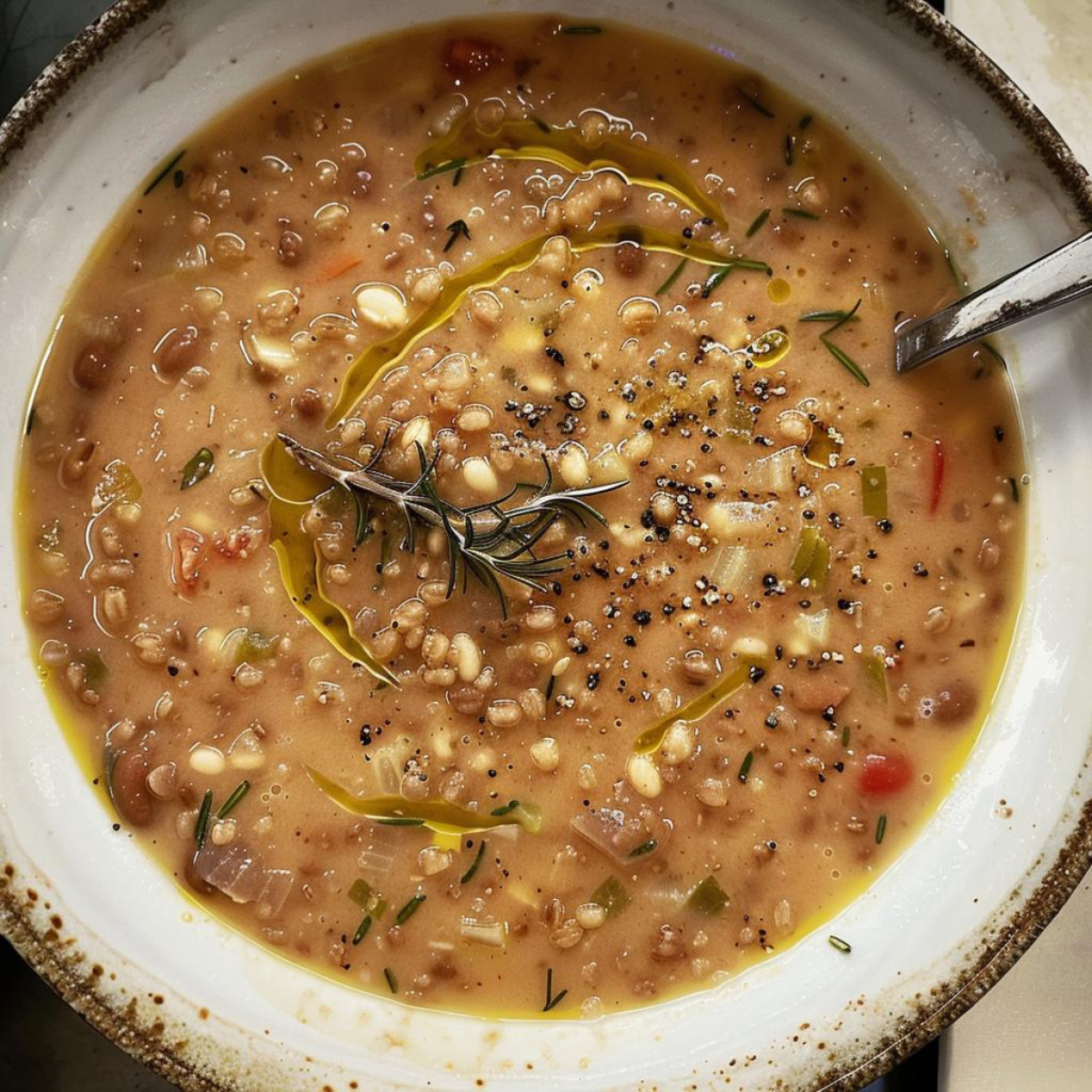 A rustic, inviting bowl filled with a hearty and wholesome soup. The base is a rich, slightly creamy broth, speckled with bits of tomato, carrot, and celery, giving it a warm, earthy hue. 
