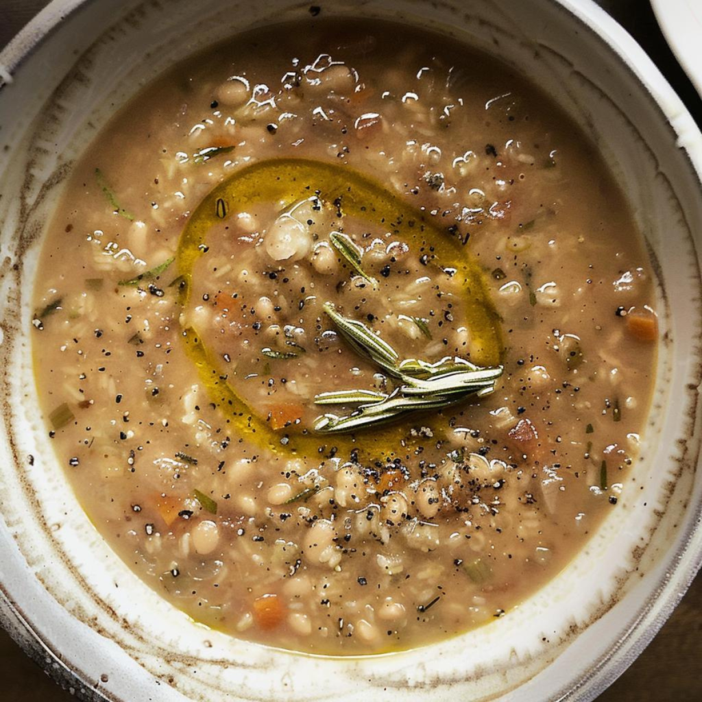 A cozy bowl of rustic soup: a rich, slightly creamy broth dotted with tomato, carrot, and celery, carrying tender grains of nutty farro and creamy borlotti beans. Melting lard adds depth and smokiness, while a drizzle of olive oil and freshly cracked black pepper finish it off. Each bite blends the chewiness of farro with the softness of beans and veggies—a comforting embrace.