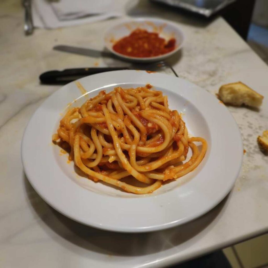 A plate of pici pasta with aglione, a type of pasta resembling very thick spaghetti, served with a tomato and garlic sauce, with a reddish-orange color, is placed on a white plate resting on the kitchen counter.