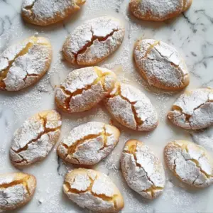 Top-down photo of diamond/oval-shaped cookies, resting on a white kitchen countertop. The cookies are dusted with powdered sugar, showing cracks on the surface due to baking in the oven, revealing the yellowish-brown interior of the cookie, which appears grainy, crumbly, and soft.