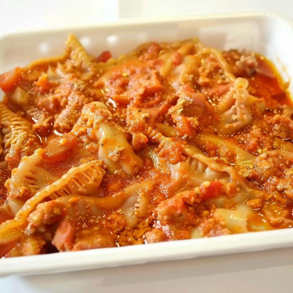 A white rectangular plate full of tomato tripe. Tripe is the edible part of the stomach of ruminants, such as cattle and lambs. Visually, it has a very distinctive appearance: it is white or light yellow in color, with a honeycomb or striped texture, depending on the section of the stomach from which it comes. The surface is uneven, with folds and grooves that make it unique. Soft to the touch, it becomes tenderer with cooking.