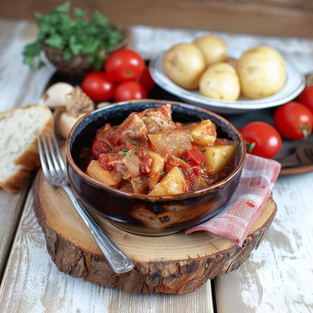 Bowl full of pieces of stockfish cooked with tomato and potatoes.