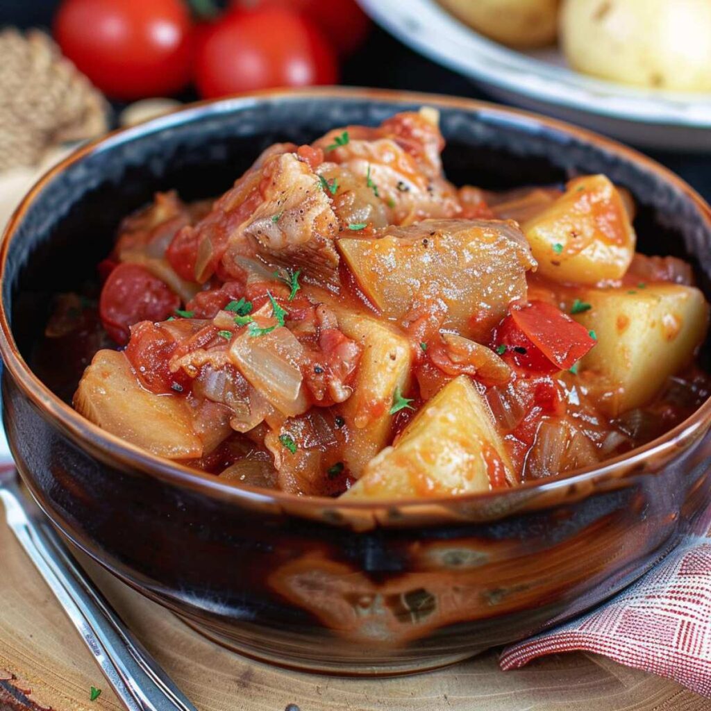 Bowl full of pieces of stockfish cooked with tomato and potatoes.