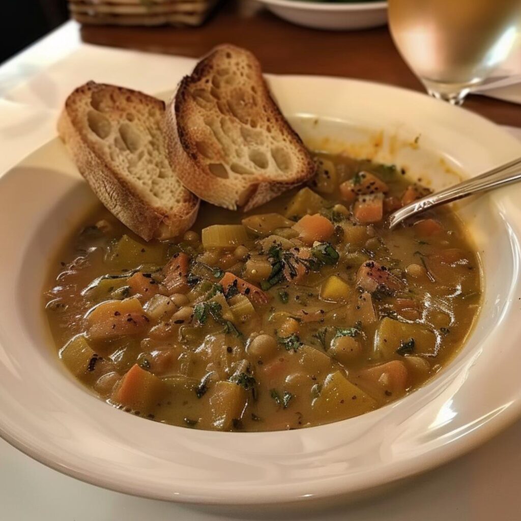 A hearty frantoiana soup served with Tuscan bread slices, epitomizing Tuscan comfort. Its rich, olive oil-kissed broth harbors a medley of vegetables: orange carrots, creamy potatoes, and green kale, enhanced by plump borlotti beans for a touch of pink and texture. Fresh olive oil droplets on top add a glistening, flavorful finish.