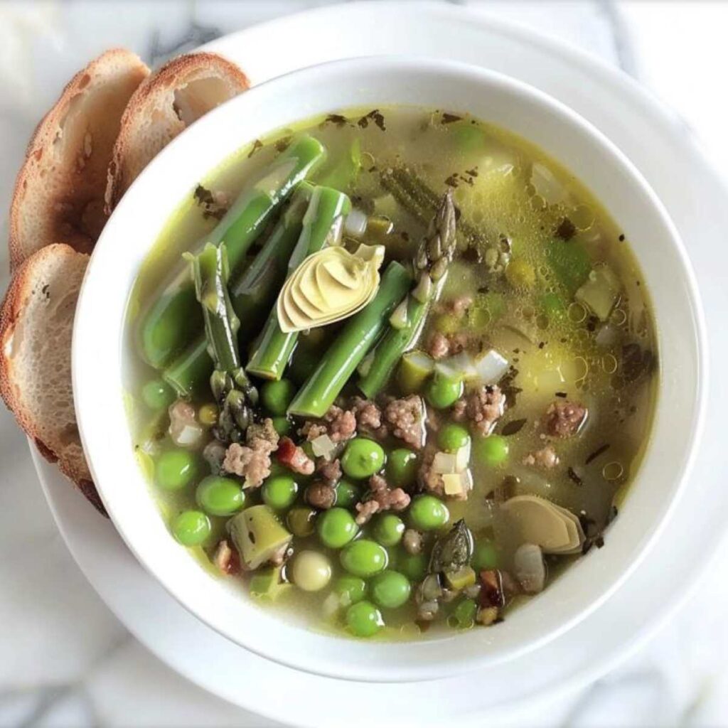 Garmugia soup in a white bowl: vibrant greens of peas, asparagus, and beans contrast with the white, highlighted by beef and pancetta bits. Artichoke slices and olive oil add a touch of elegance, with toasted bread on the side for dipping.