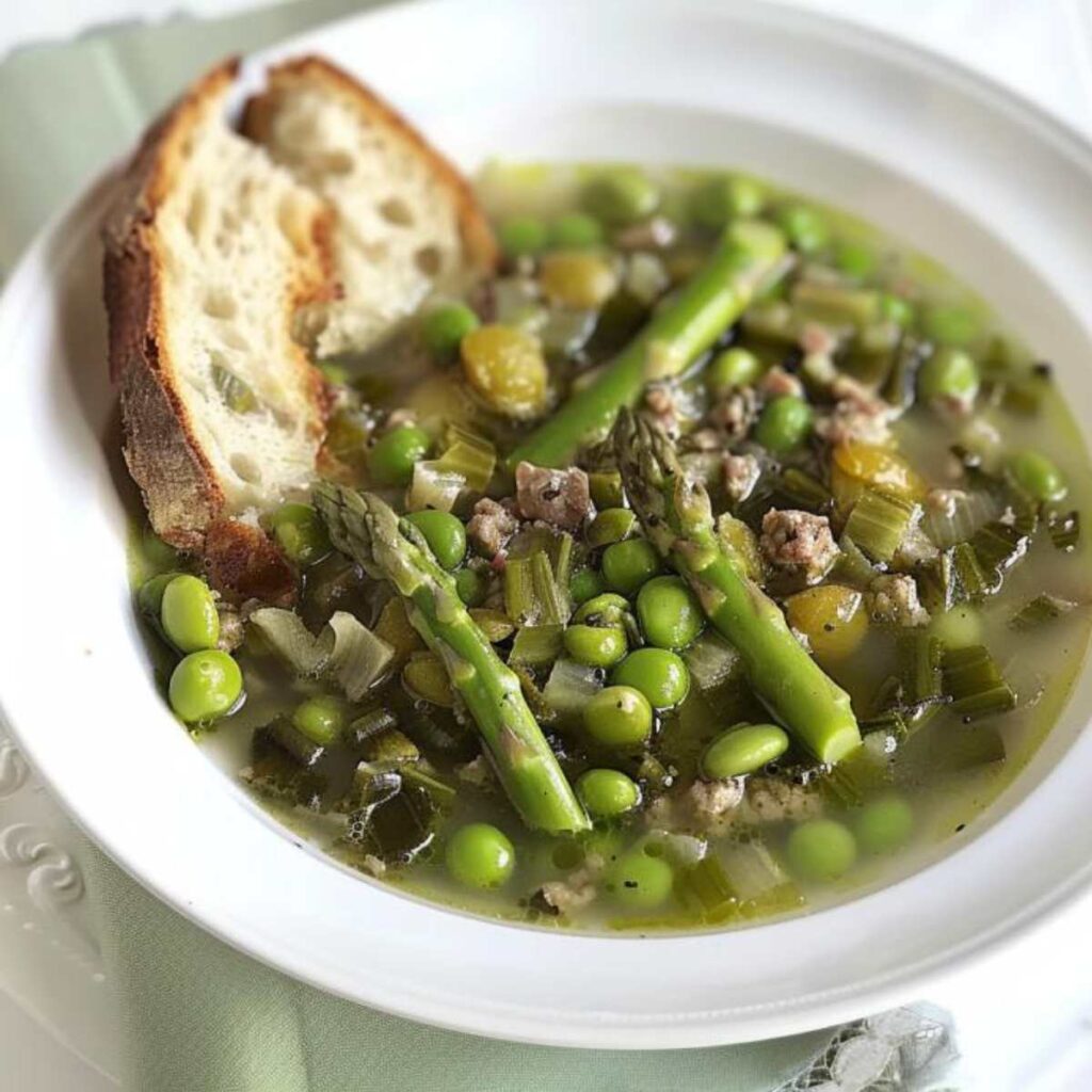 Picture a cozy, inviting white bowl full of Garmugia soup. Bright greens from peas, asparagus, and fava beans pop against the white, mingled with savory bits of beef and pancetta. Artichoke slices add elegance, and a drizzle of olive oil gives a shiny finish. Beside the bowl, crusty toasted bread awaits dipping into this spring-flavored feast.