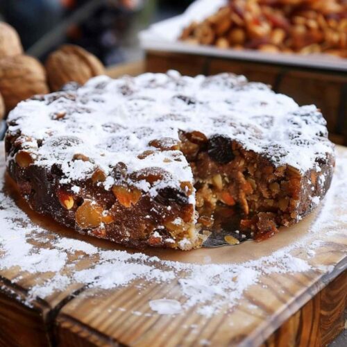 Panforte is a dense, handcrafted Italian dessert from Siena, with a snowy layer of powdered sugar on top. This 8-inch round, 1-inch thick treat reveals a rich, dark interior filled with colorful candied fruits and nuts upon slicing. Its appealing contrast of snowy exterior and vibrant, chunky inside promises a sweet, flavorful bite.