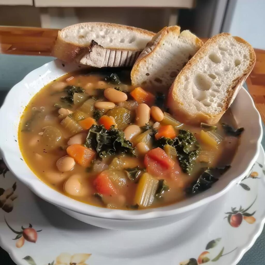 Vegetables soup based on potatoes, cannellini beans, kale stems, ripe tomatoes, carrots, onion, celery, extra virgin olive oil. You can see that the soup has cooked for a long time as the ingredients are overcooked and falling apart. it is placed on a deep white plate with some slices of Tuscan bread next to it, on a kitchen table.