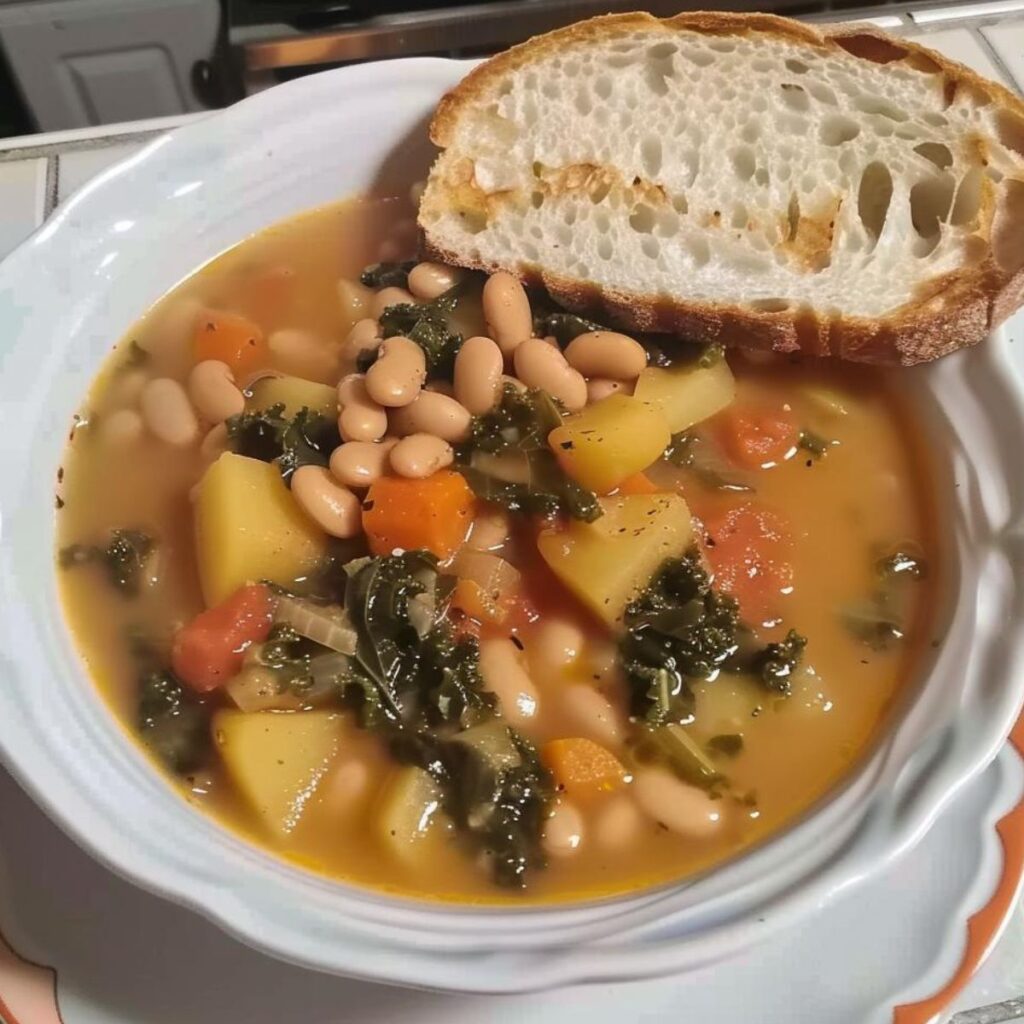 Vegetables soup based on potatoes, cannellini beans, kale stems, ripe tomatoes, carrots, onion, celery, extra virgin olive oil. You can see that the soup has cooked for a long time as the ingredients are overcooked and falling apart. it is placed on a deep white plate with some slices of Tuscan bread next to it, on a kitchen table.
