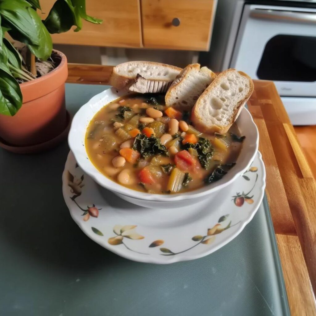 Brothy soup based on potatoes, cannellini beans, kale stems, ripe tomatoes, carrots, onion, celery, extra virgin olive oil. You can see that the soup has cooked for a long time as the ingredients are overcooked and falling apart. it is placed on a deep white plate with some slices of Tuscan bread next to it, on a kitchen table.