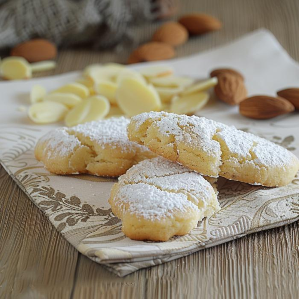 Some diamond/oval-shaped cookies, resting on a napkin on a wooden table, with peeled almonds visible behind them. The cookies have been dusted with powdered sugar, showing cracks on the surface from baking in the oven, revealing the interior of the cookie which is yellowish in color, granular in appearance, crumbly, and soft.