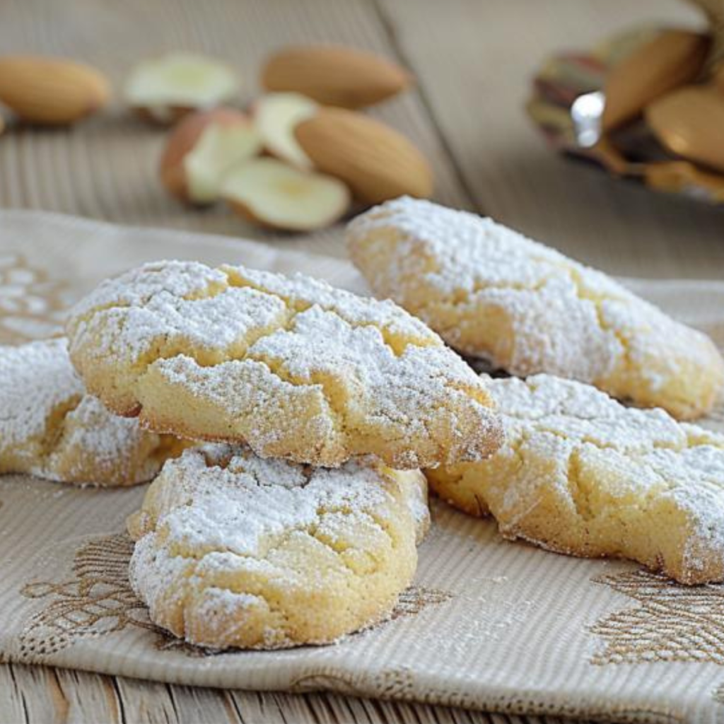 Some diamond/oval-shaped cookies, resting on a napkin on a wooden table, with peeled almonds visible behind them. The cookies have been dusted with powdered sugar, showing cracks on the surface from baking in the oven, revealing the interior of the cookie which is yellowish in color, granular in appearance, crumbly, and soft.
