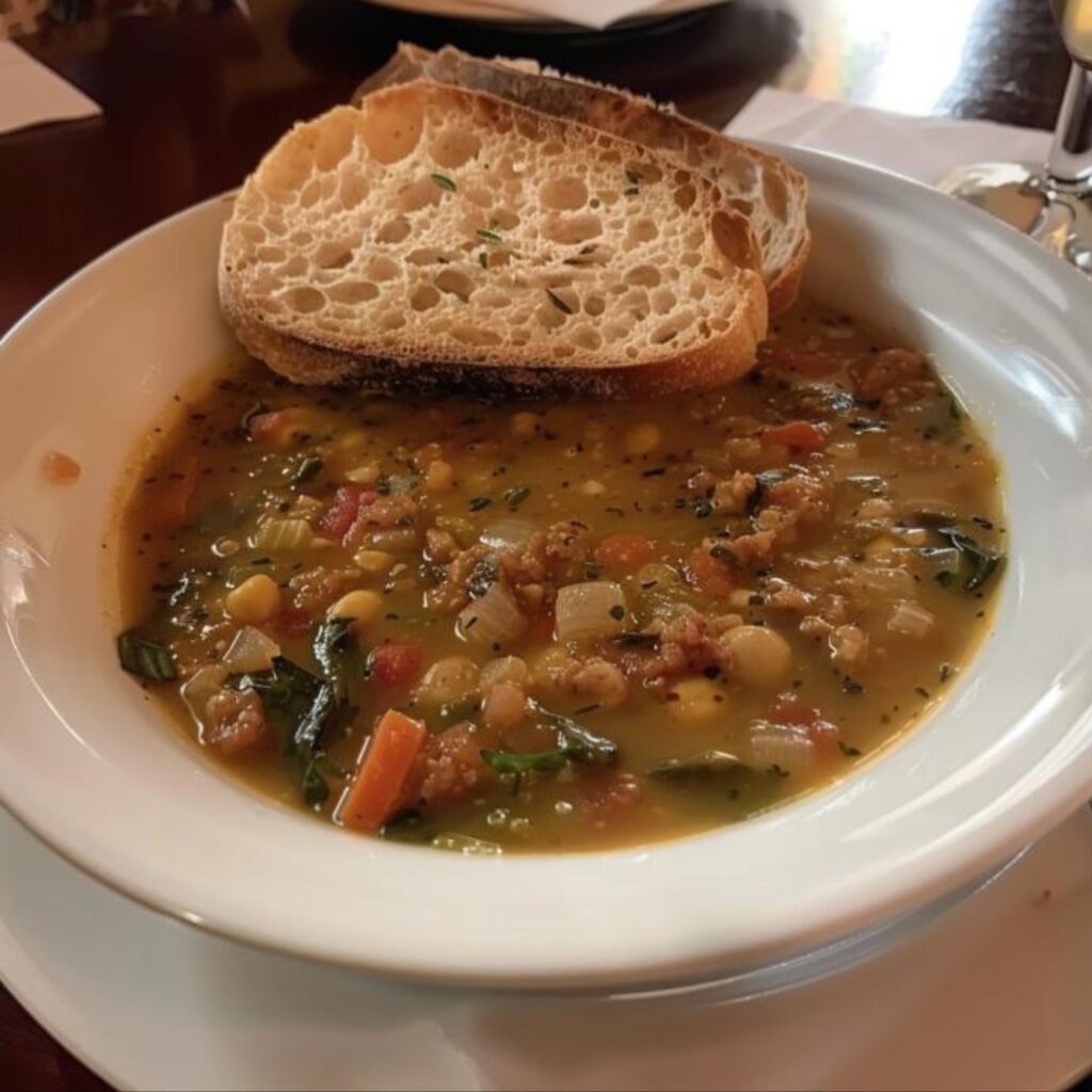 A hearty Tuscan frantoiana soup with bread, featuring a rich broth with carrots, potatoes, kale, and borlotti beans, topped with fresh olive oil for extra flavor.