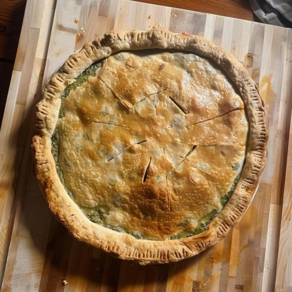 The image showcases a whole 'torta d'erbi' pie placed on a wooden cutting board. It's uncut and presents a golden-brown pastry crust that looks flaky and tender. The pie crust has a rustic, handcrafted look, with the edges crimped and parts of the green filling peeping through small openings on the surface. The crust's light golden color suggests it's been baked to a delicate crispness. The filling's color is not fully visible, but where it shows, it hints at a rich herbaceous layer inside. The pie's overall appearance is homey and suggests a freshly baked dish, ready to be served.