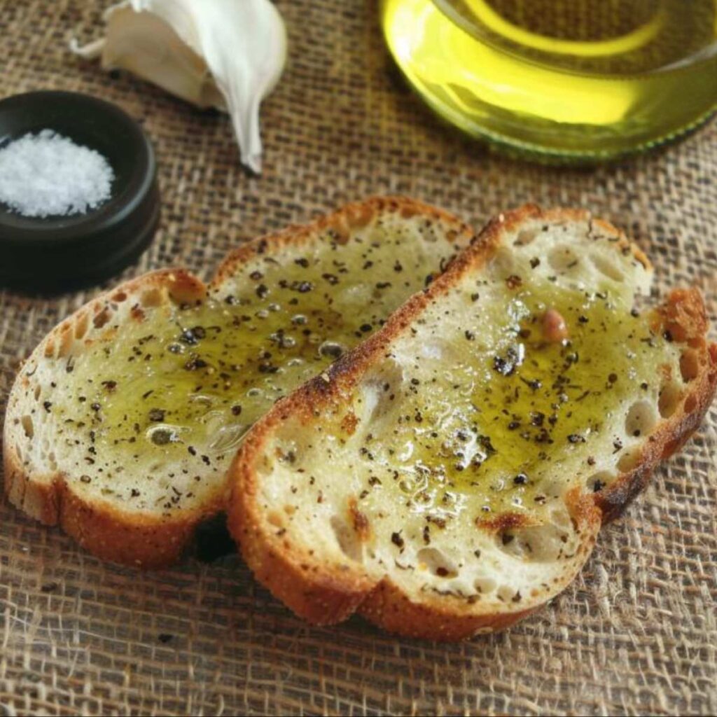 Two slices of toasted Tuscan bread, on which a clove of garlic has been rubbed, which now lies next to the two slices of bread, and then a drizzle of oil has been poured, on top of the slices of bread there is also a pinch of salt and pepper. Near the two slices of bread you can also see a bottle of extra virgin olive oil, both the oil on the slices of bread and the one in the bottle have a golden green color, you can see that it is a very young oil.