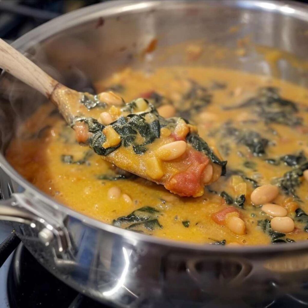 Bordatino alla Pisana, cooking in a medium-sized metal pot on a stove. The pot is in the foreground with handles on both sides. Inside, the Bordatino features a thick, vibrant yellow-orange broth, likely from the inclusion of legumes (like beans) and tomatoes. Dark green leaves of black cabbage or similar leafy greens stand out against the broth's color. The greens look crisp, suggesting that the dish is midway through cooking. A wooden spoon is lifting a portion of this dense, colorful stew, revealing other ingredients like chunks of bread or diced vegetables. The richness and abundance of ingredients indicate a hearty dish.