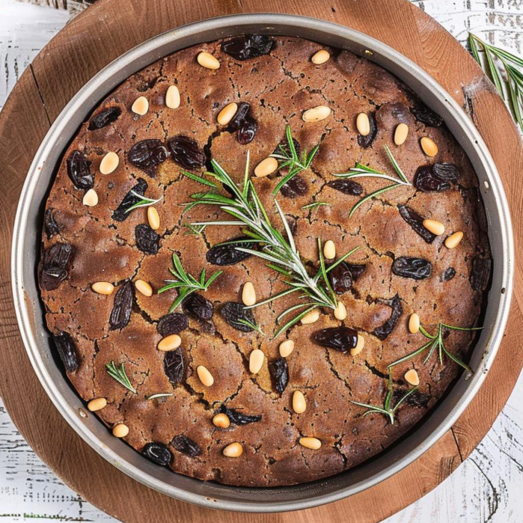 In the photo, we see a whole castagnaccio, a traditional Tuscan chestnut flour cake, freshly baked in a round metal baking tin. The top of the cake is cracked, suggesting a crispy outer layer with a rich, fudgy interior. Scattered across the surface are plump raisins or currants and pine nuts, which add textural contrast and sweetness to the nutty flavor of the cake. Sprigs of fresh rosemary are also visible, providing a fragrant herbal note that complements the earthiness of the chestnuts. The cake sits on a wooden board, placed on a white and grey surface, lending a rustic, authentic feel to the presentation.