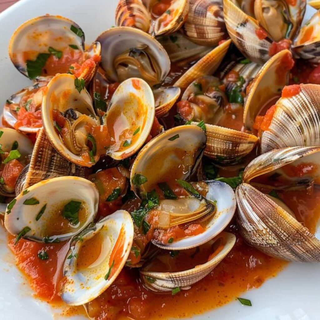 clams in tomato sauce are neatly plated on a white dish,