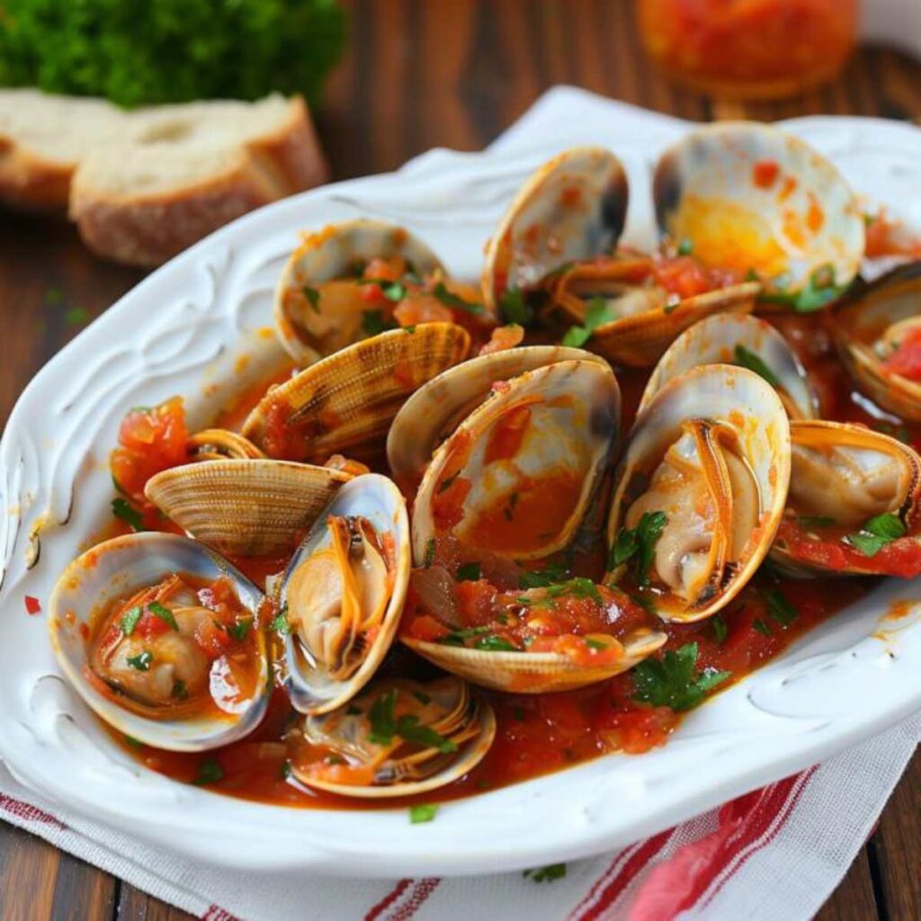 clams in tomato sauce are neatly plated on a white dish, cooked in a tomato-based sauce, a classic preparation in Italian cuisine.