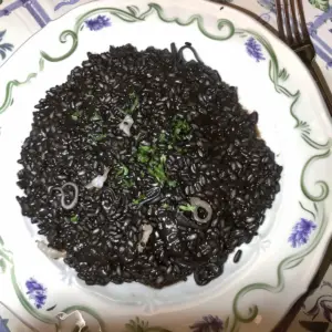 In this image, we have a close-up view of a plate of squid ink risotto. The risotto has been plated and is a rich, lustrous black throughout, indicative of a generous amount of squid ink used in its preparation. Bits of squid and herbs are speckled within, offering a slight textural and color contrast. The plate itself features a playful design with green swirls and purple floral accents around the rim, which add a touch of whimsy to the presentation. A fork lies beside the plate, suggesting the meal is ready to be enjoyed. The tablecloth underneath has a traditional pattern, complementing the rustic and authentic feel of the dish.