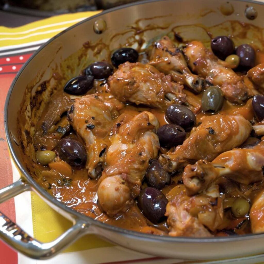 This image features a well-used cooking pan filled with rabbit cacciatore. The rabbit pieces are bathed in a robust, golden-brown sauce, which has taken on a sheen, likely from the oils and cooking process, suggesting a depth of flavor. Amidst the meat are dark olives, their smooth, shiny surfaces peeking out. The pan shows signs of the cooking process, with caramelization around the edges where the sauce has reduced, hinting at the layers of flavor developed over time. Below the pan, there's a hint of a colorful table setting with a yellow and red striped pattern, evoking a sense of warmth and home cooking.
