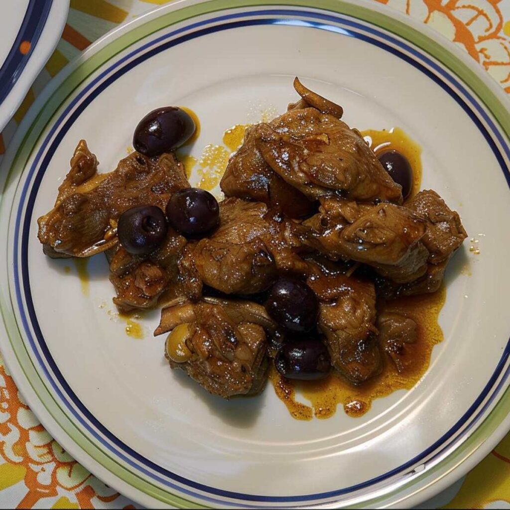 In this image, we see a serving of rabbit cacciatore centered on an ornate plate with a wide rim, decorated with thin green lines and broader blue bands. The meat, glazed with a caramel-colored sauce, has a tender, fall-off-the-bone appearance, indicating slow cooking. Dark olives, glossy and plump, are nestled among the rabbit pieces, and a few have tumbled to the rim of the plate, leaving a trail of sauce. The plate sits on a surface with a playful pattern: large yellow sunbursts laid over broad orange and white stripes, reminiscent of a sunny kitchen tablecloth. The composition combines the rustic appeal of the dish with a bright, homey setting.