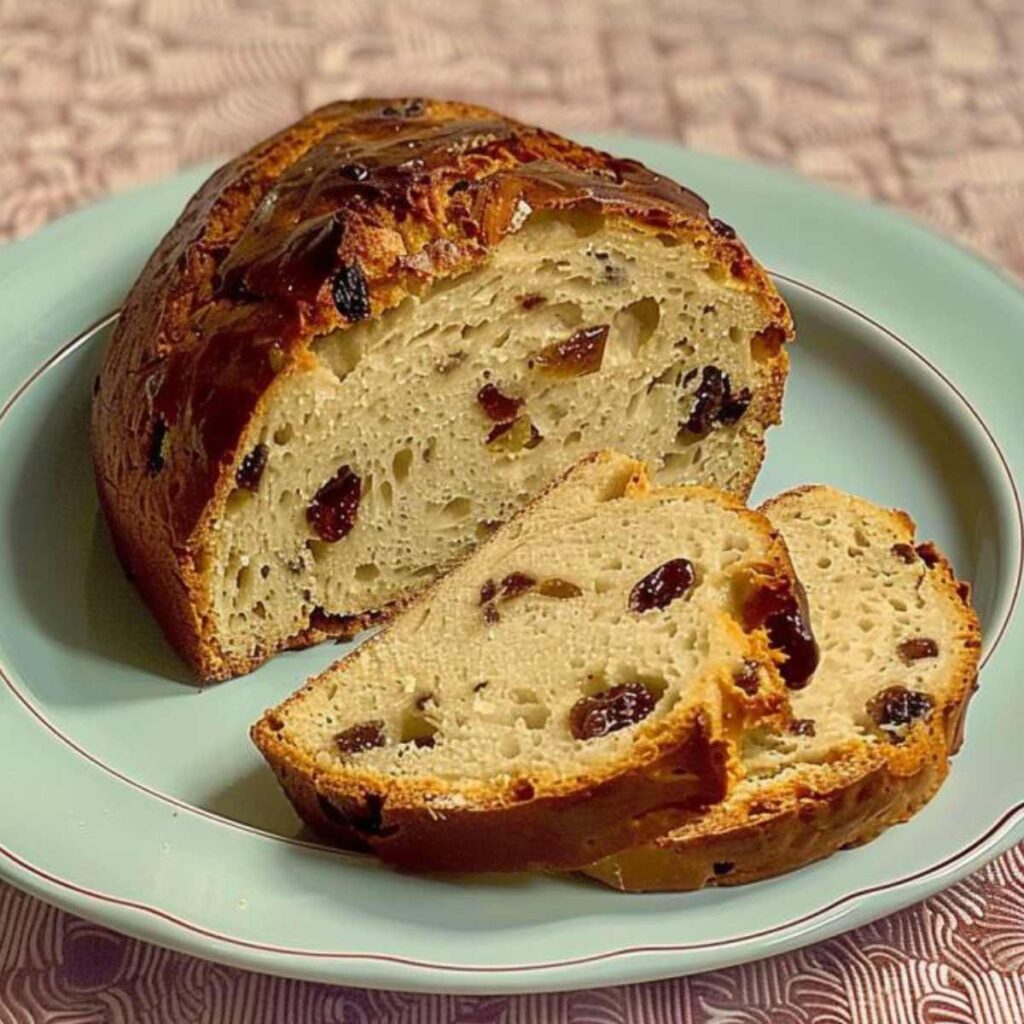 The image displays a whole and sliced Buccellato di Lucca bread placed on a pale blue plate. The bread features a well-baked crust with dark, crunchy areas. The interior is beige in color, with a texture that appears soft and porous, and it's generously studded with raisins. Two slices have been cut and laid out in front of the whole loaf, showcasing the distribution of the raisins. The plate sits on a tablecloth with a detailed pattern, which contributes to an appealing presentation.