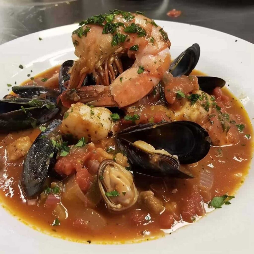 There is a plate of Livornese cacciucco, displaying a savory selection of seafood prominently featured atop a rich, reddish-brown sauce. The focus is on a large, succulent shrimp resting on top, its vibrant orange hues tinged with pink and adorned with finely chopped parsley, suggesting a fresh garnish. Mussels with their black shells add a striking contrast to the color palette, some open to reveal the cooked interior. Chunks of fish and possibly other seafood are nestled in the sauce, which has a rustic, homemade look with visible pieces of tomato and likely onion, indicating a depth of flavor. The sauce appears to have a slight sheen, hinting at the presence of olive oil. The dish is served on a simple white plate, which sets off the rich colors of the cacciucco, and the background is a nondescript gray surface, suggesting an unassuming dining environment. The overall presentation is straightforward, focusing on the generous portion and heartiness of the traditional Tuscan stew.
