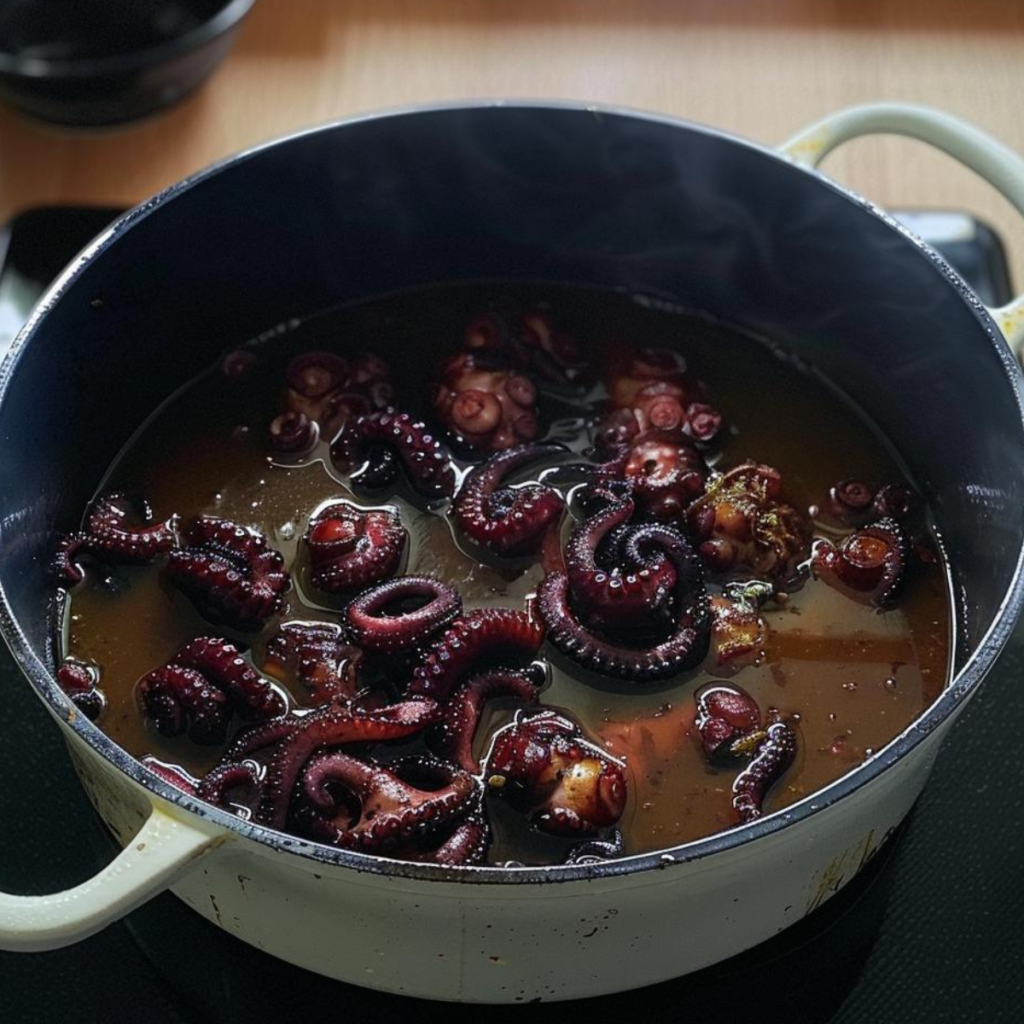 In the photo, there's a pot full of octopus. The octopus is bathed in a deep red cooking liquid, likely red wine, which explains the "drunken" descriptor in the dish's name. The pot is traditional, possibly cast iron or another heavy material, great for slow and even cooking. The octopus itself appears to have absorbed the wine's color, showing purple and red hues. There's likely a mix of herbs and spices in the sauce, suggesting a rich and complex flavor profile. The octopus seems to have been cooked until tender, with the tentacles relaxed and slightly curled, characteristic of a long, low-temperature cooking process.