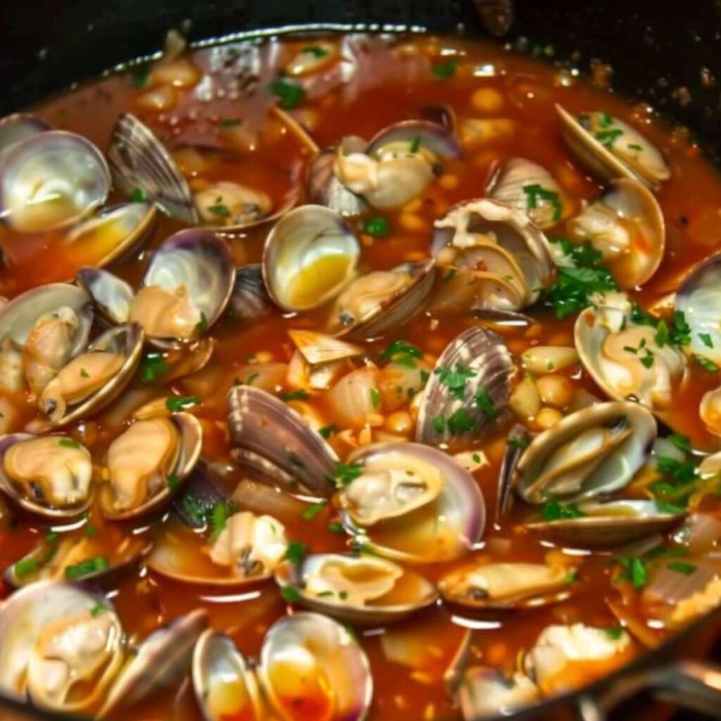The image shows a pot of clams cooked in a tomato-based sauce, a classic preparation in Italian cuisine. The clams are open, indicating they are fully cooked, revealing their tender insides. They are nestled in a vibrant red sauce, likely made with tomatoes, which hints at a rich and slightly tangy flavor profile. Flecks of green herbs, possibly parsley, are scattered throughout, adding freshness to the dish. The sauce appears to be of a thinner consistency, suggesting it's been simmered to just meld the flavors together without reducing it down to a thick stew. This preparation is both rustic and inviting.