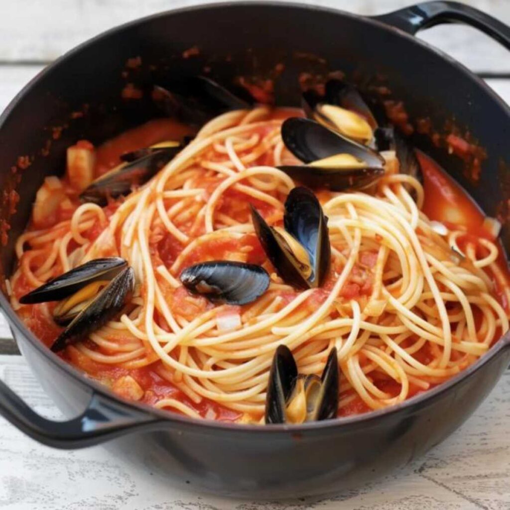 In the picture, we see a large black pot filled with freshly cooked spaghetti. The spaghetti appear to be in the process of being tossed and coated in a red sauce, a tomato-based one, characteristic of a seafood spaghetti dish. Beneath the spaghetti, we can catch glimpses of the seafood, key elements of the dish: there are mussels with their shiny black shells wide open and slices of calamari, suggesting a variety of seafood is mixed into the sauce.