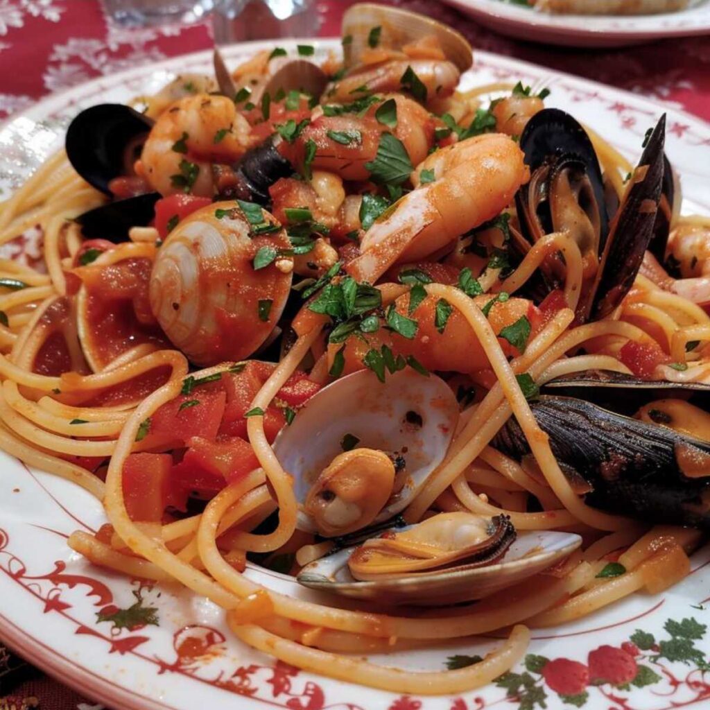The image captures a plate of spaghetti allo scoglio. The pasta is enrobed in a tomato-based sauce, evident from the chunks of tomato nestled among the strands. It's generously studded with a variety of seafood: open clams with their golden insides on display, mussels in their black shells, and plump prawns. Fresh parsley is sprinkled over, providing a pop of green against the reds and browns. The dish has a rustic and robust appeal, with a homemade quality that suggests it's packed with flavor. The tablecloth beneath has a festive pattern, perhaps indicating a family gathering or a special meal at home.