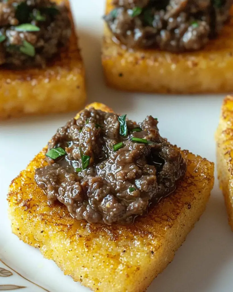 A close-up view of three crispy fried polenta crostini, each topped with a generous spread of rich, savory chicken liver pâté. The golden polenta squares are perfectly fried, giving them a crunchy texture that contrasts beautifully with the smooth pâté. The dish is presented on a white plate with a subtle floral pattern around the edges, making it an inviting and appetizing appetizer, perfect as a starter for a 5 meal courses.