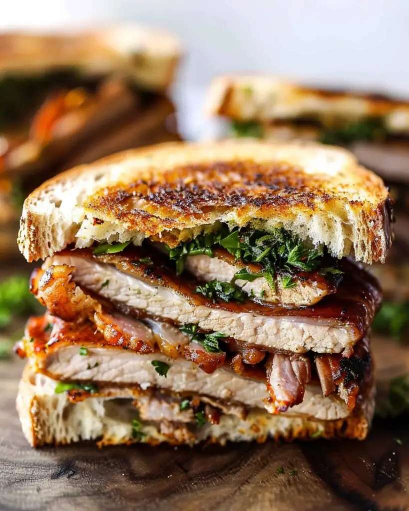 A mouth-watering Porchetta sandwich with layers of pork, fresh salsa verde, and crispy bread