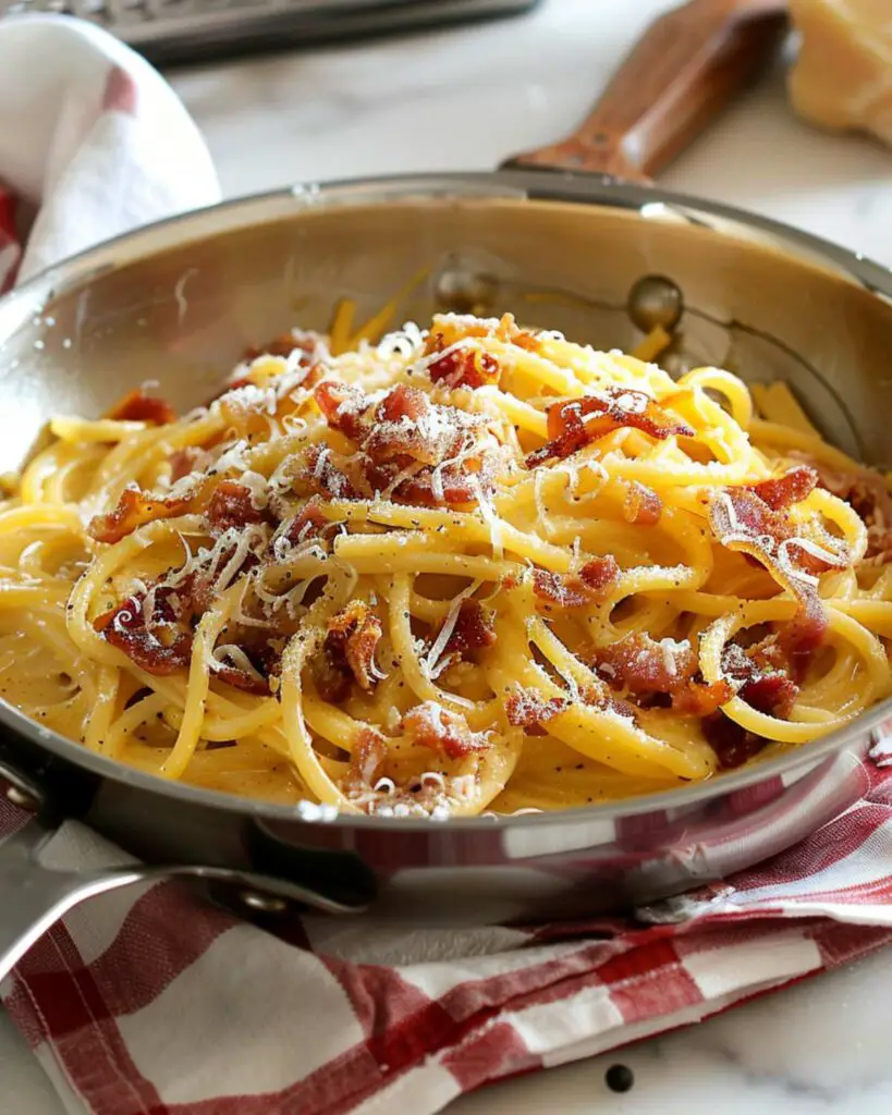 Best authentic Italian pasta recipe featuring Carbonara, with spaghetti, guanciale, egg, pecorino cheese, and black pepper, served in a metal dish.