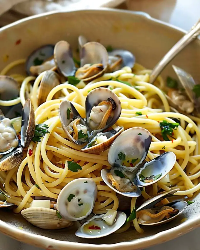 Best Italian pasta recipe featuring spaghetti with clams, garlic, and parsley.