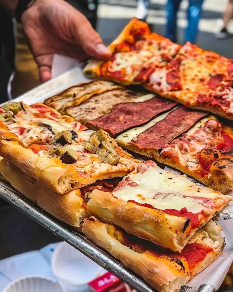 A variety of crispy pizza slices from Forno Campo de’ Fiori, showcasing the best street food in Rome.