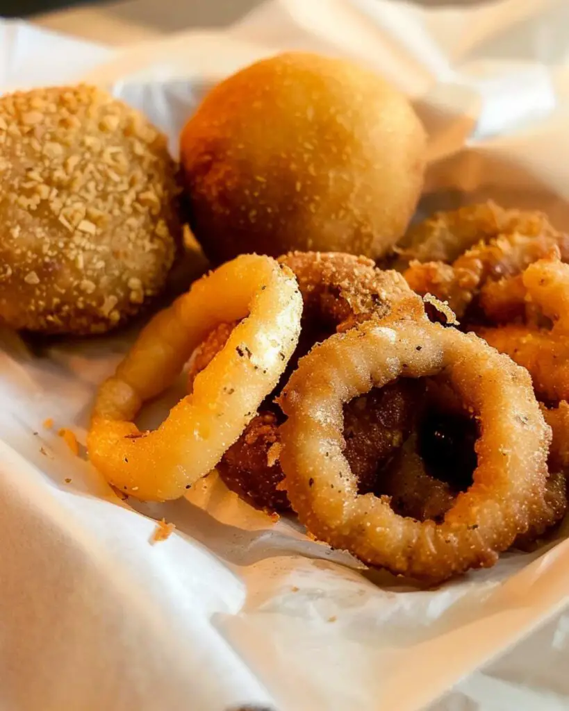 A delicious assortment of fried local food in Rome from I Fritti de Sora Milvia, including supplì and calamari rings.