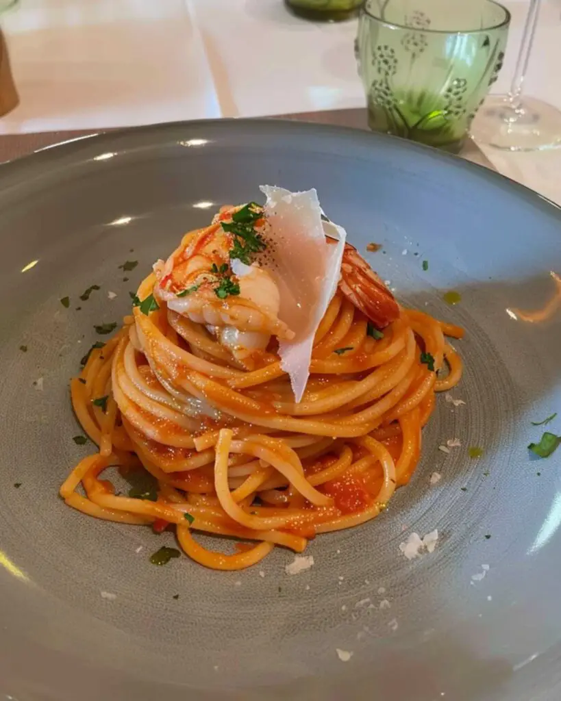 Gourmet spaghetti coated in a rich tomato sauce served at Burro & Acciughe, celebrated for offering some of the best food in Florence Italy.