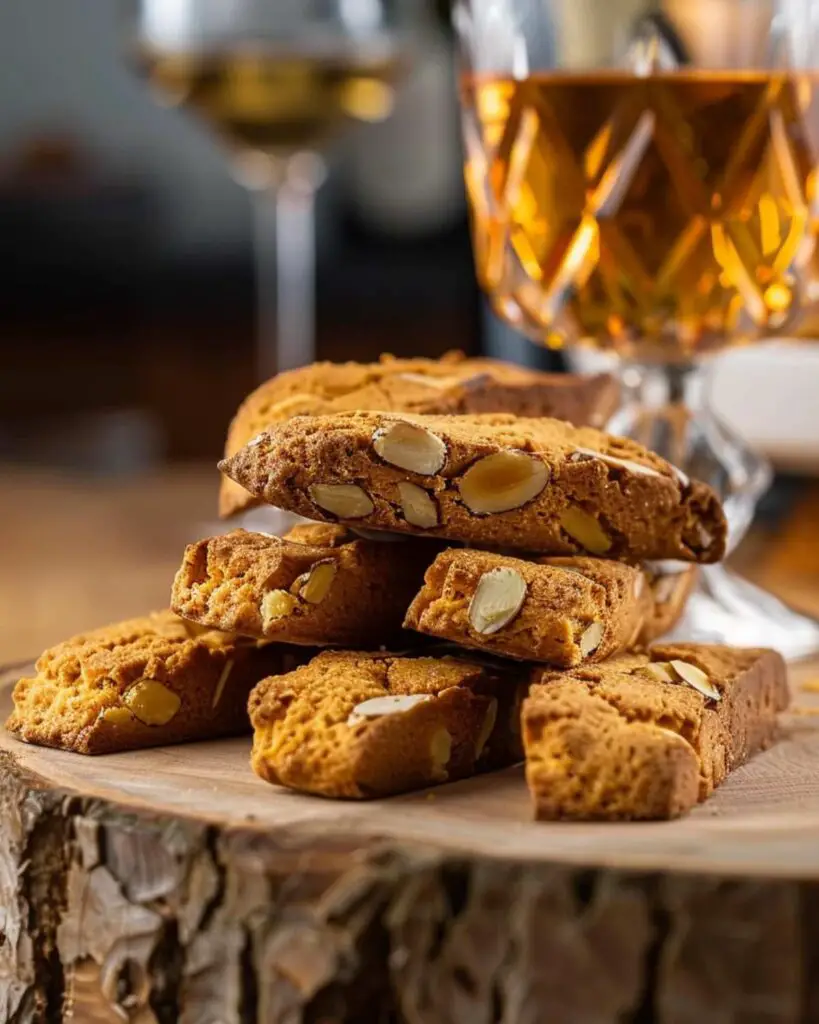 A wooden board adorned with a pile of traditional Italian Cantucci, also known as biscotti, they are the perfect sweet for a five meal course. The Cantucci are golden-brown, twice-baked, and have a characteristic oblong shape with visible almond pieces embedded throughout. Their crunchy texture is evident from the slight cracks on their surface. 