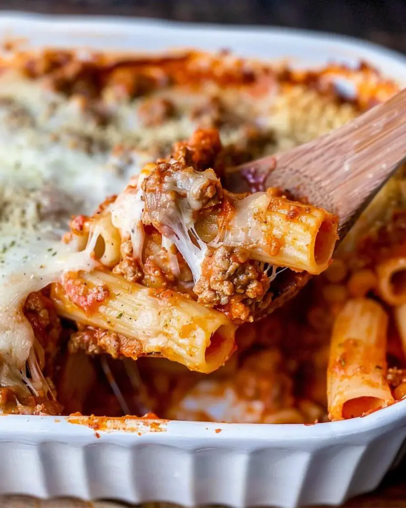 A hearty serving of gluten free baked ziti, layered with ricotta, marinara sauce, and melted mozzarella, showcasing the comfort of gluten free Italian food.