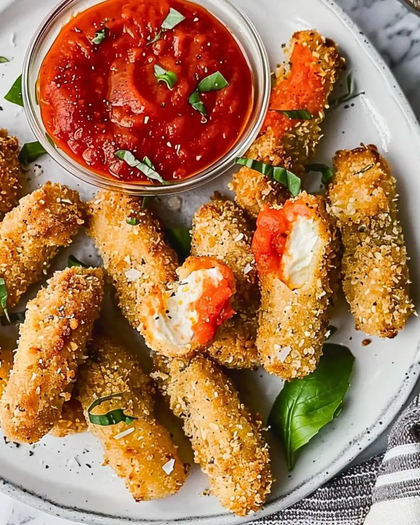 A plate of gluten free mozzarella sticks with marinara sauce, perfect as a gluten free Italian appetizer, garnished with fresh basil and parmesan.