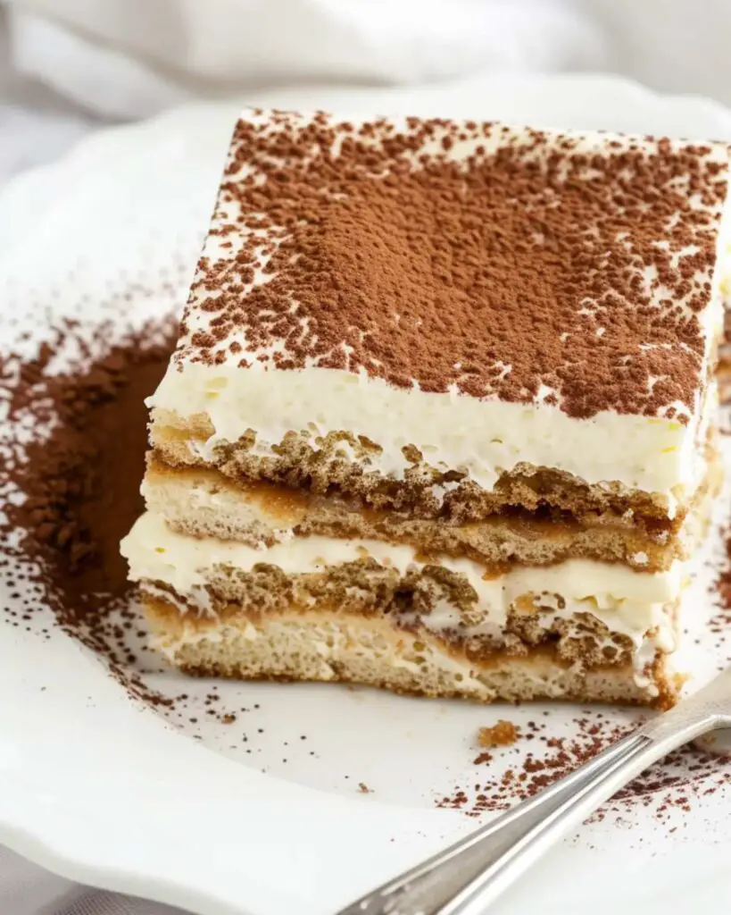 A luxurious slice of gluten free tiramisu, layered with homemade ladyfingers, rich mascarpone cream, and espresso, topped with cocoa powder for the ultimate gluten free Italian dessert.