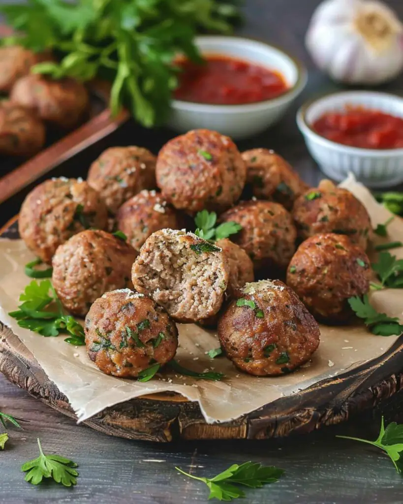 Polpette di lesso, traditional Italian meatballs made from tender, slow-cooked beef. The meatballs are arranged in a circular pattern on a rustic wooden platter. One meatball is cut in half to reveal the moist, flavorful interior, displaying a texture that is perfectly cooked and juicy.