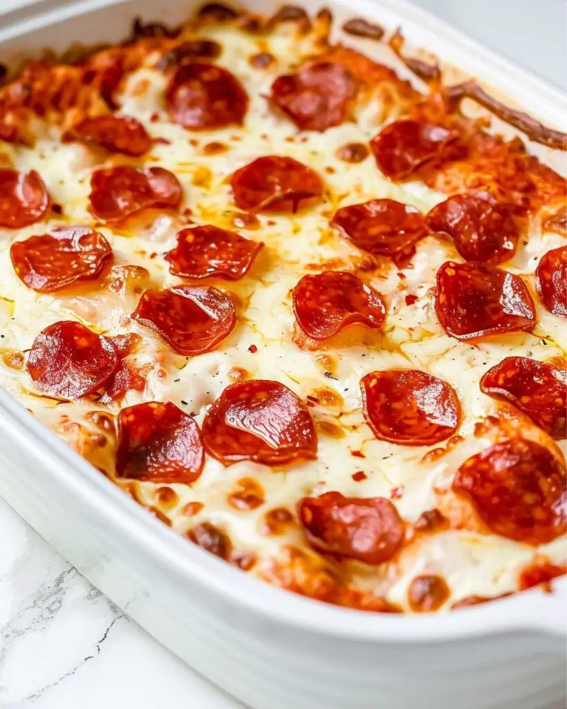 Close-up of gluten free pepperoni dip, capturing the essence of a gluten free Italian appetizer perfect for parties.