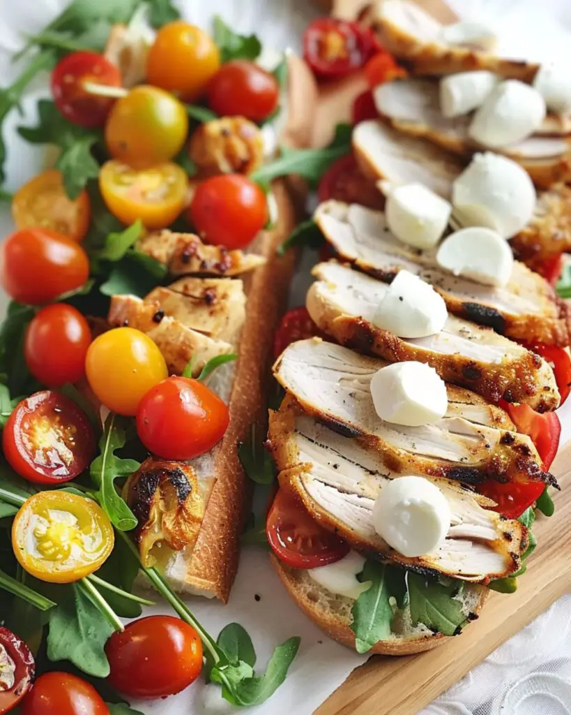 A delicious Roasted Chicken Caprese sandwich with arugula, cherry tomatoes, mozzarella pearls, and roasted chicken on Italian bread