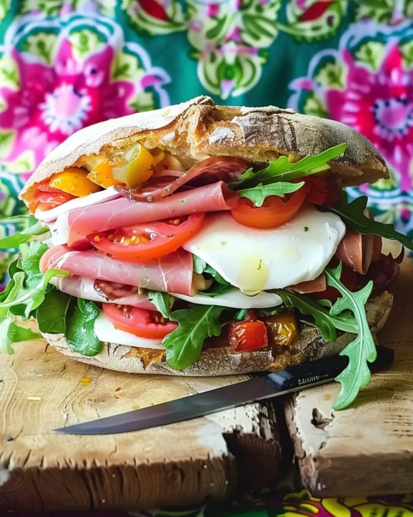 A colorful Italian Ciabatta sandwich with ham, salami, roasted peppers, mozzarella, basil, and arugula